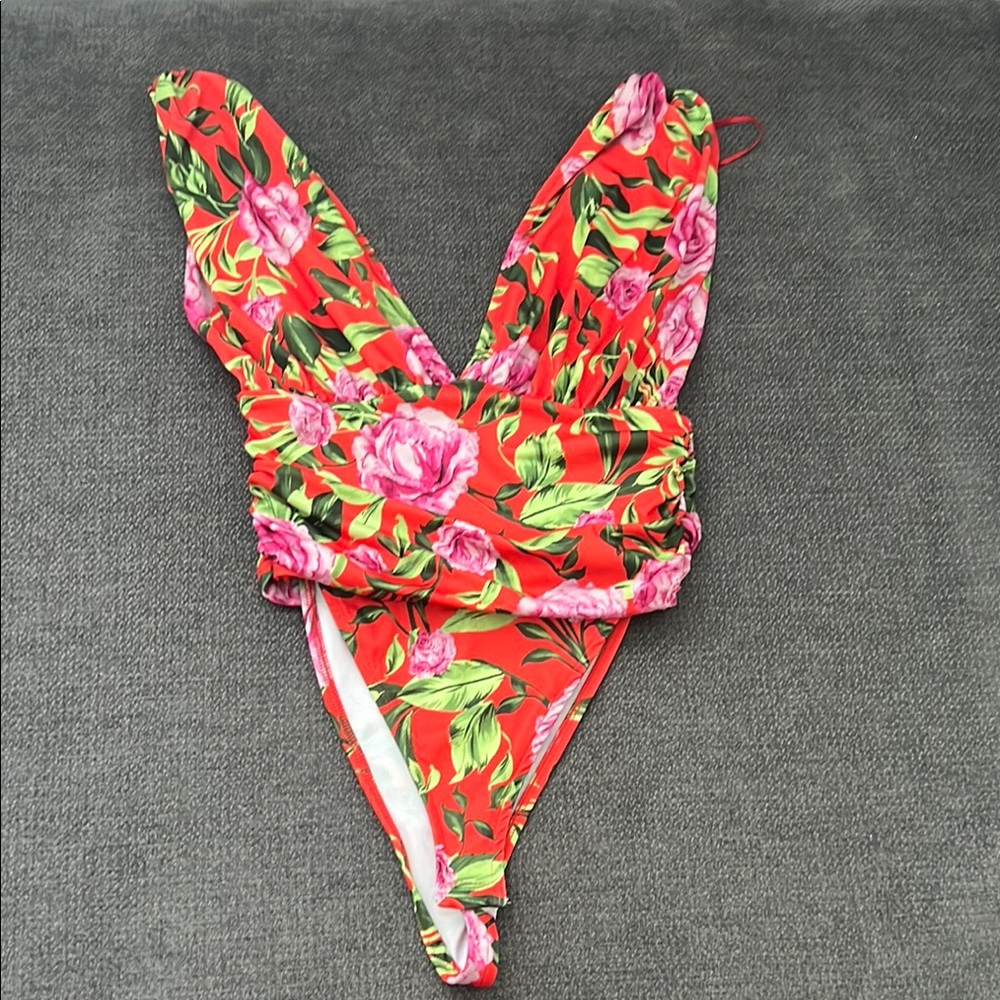 Zara Red and Pink Bodysuit with Plunging V-neckline